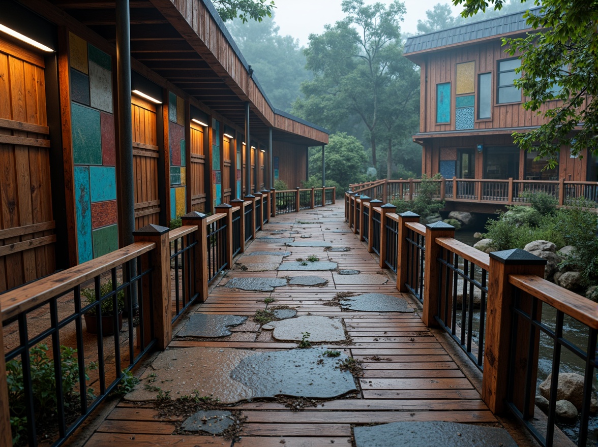 Prompt: Rustic steel bridges, eclectic mix of materials, distressed wood planks, ornate metal railings, vibrant colorful tiles, intricate stonework, rough-hewn boulders, industrial pipes, reclaimed wooden accents, ornamental ironwork, dynamic lighting effects, misty atmospheric conditions, soft warm glow, shallow depth of field, 1/1 composition, realistic textures, ambient occlusion.