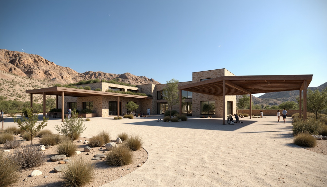 Prompt: Rustic gas station, natural stone walls, green roofs, solar panels, wind turbines, eco-friendly materials, modern minimalist architecture, angular lines, sleek metal canopies, shaded outdoor spaces, misting systems, desert landscape, sandy dunes, cactus plants, hot sunny day, clear blue sky, vast open space, integrated landscaping, native plant species, drought-resistant vegetation, efficient irrigation systems, scenic views, panoramic vistas, shallow depth of field, 3/4 composition, realistic textures, ambient occlusion.