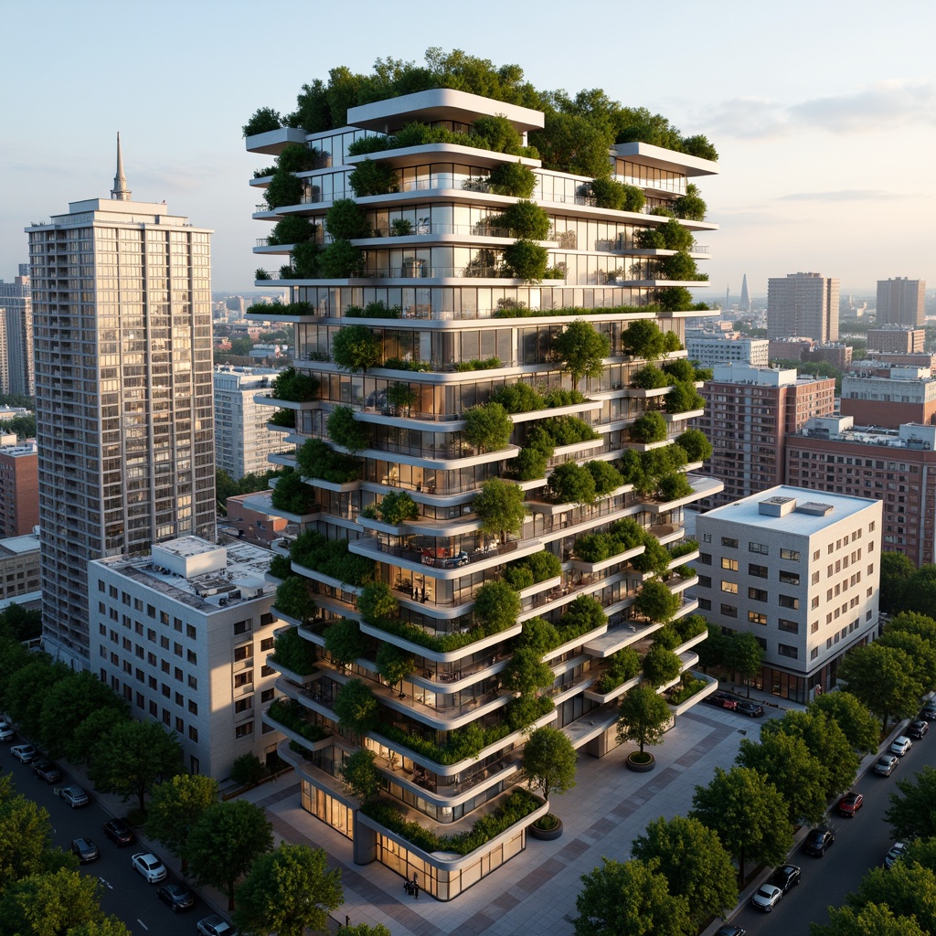 Prompt: Eco-friendly skyscraper, lush green roofs, solar panels, wind turbines, rainwater harvesting systems, recycled materials, minimalist interior design, natural ventilation systems, energy-efficient appliances, LED lighting, floor-to-ceiling windows, panoramic city views, modern angular architecture, sleek metal fa\u00e7ades, vibrant urban landscape, bustling streets, morning sunlight, soft warm ambiance, shallow depth of field, 3/4 composition, realistic textures, ambient occlusion.