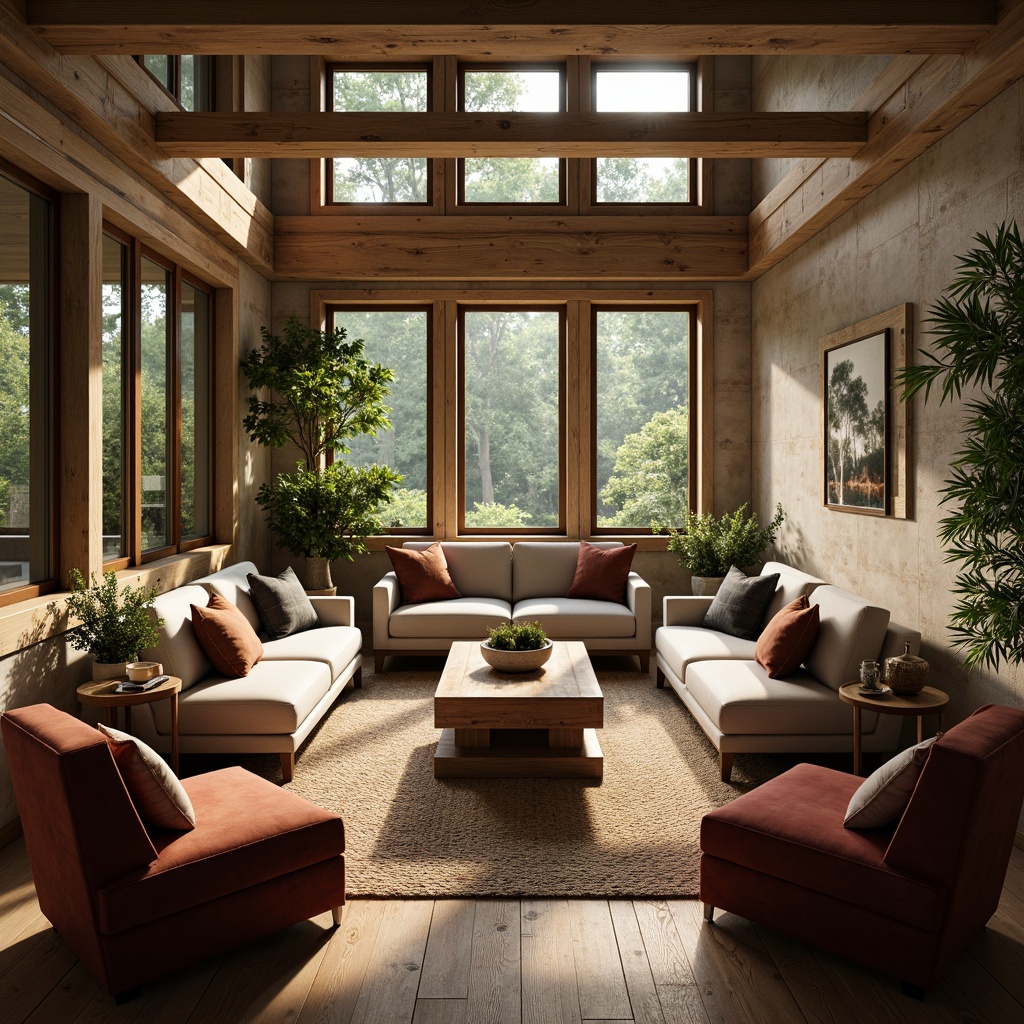 Prompt: Cozy living room, plush sofas, velvet armchairs, wooden coffee tables, soft cushions, warm lighting, intimate atmosphere, comfortable seating arrangement, optimal conversation pit, circular formation, 3/4 composition, shallow depth of field, realistic textures, ambient occlusion, natural stone walls, modern minimalist decor, greenery accents, floor-to-ceiling windows, sunny afternoon, gentle breeze.