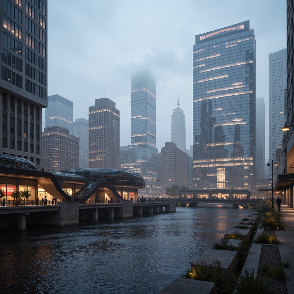 Prompt: Sleek bridge facades, high-tech architecture, metallic materials, LED lighting systems, futuristic curves, angular lines, reflective glass surfaces, cantilevered structures, urban cityscape, misty morning atmosphere, soft warm lighting, shallow depth of field, 1/1 composition, panoramic view, realistic textures, ambient occlusion.