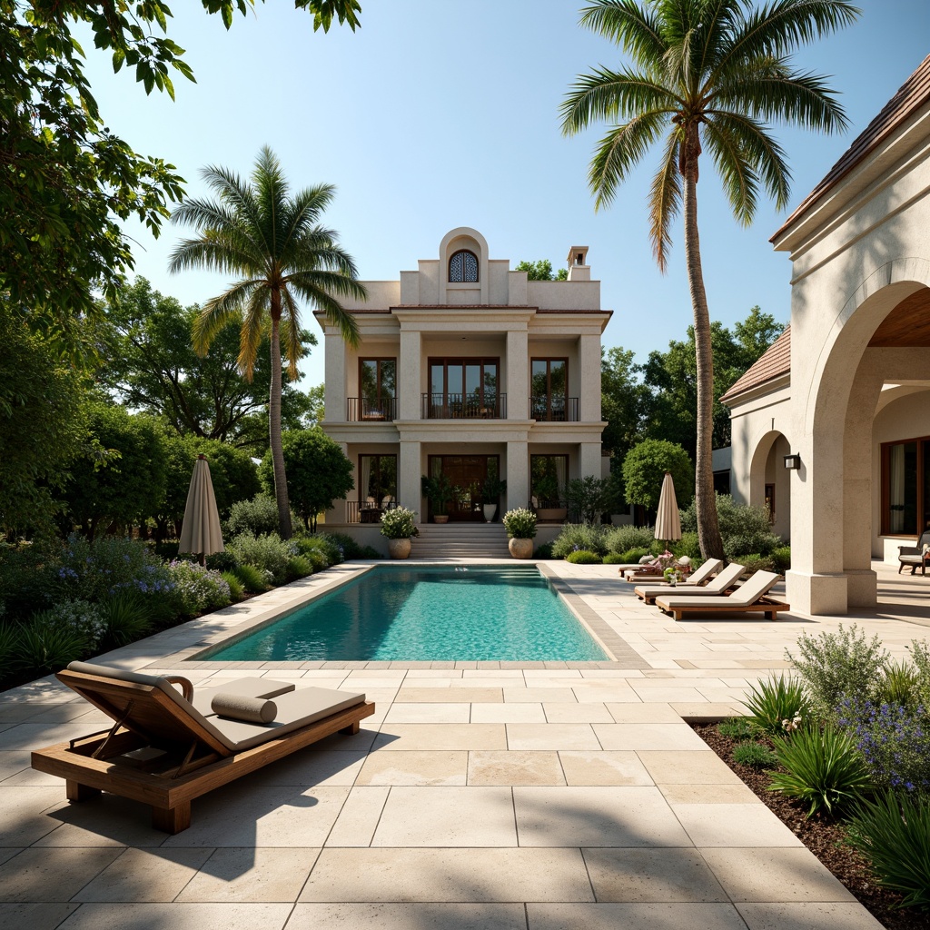 Prompt: Luxurious backyard oasis, Art Deco swimming pool, turquoise water, ornate tilework, geometric patterns, metallic accents, sun-kissed deck, comfortable lounge chairs, vibrant tropical plants, palm trees, warm sunny day, soft natural lighting, shallow depth of field, 1/1 composition, symmetrical architecture, elegant curves, luxurious outdoor furniture, ambient occlusion.