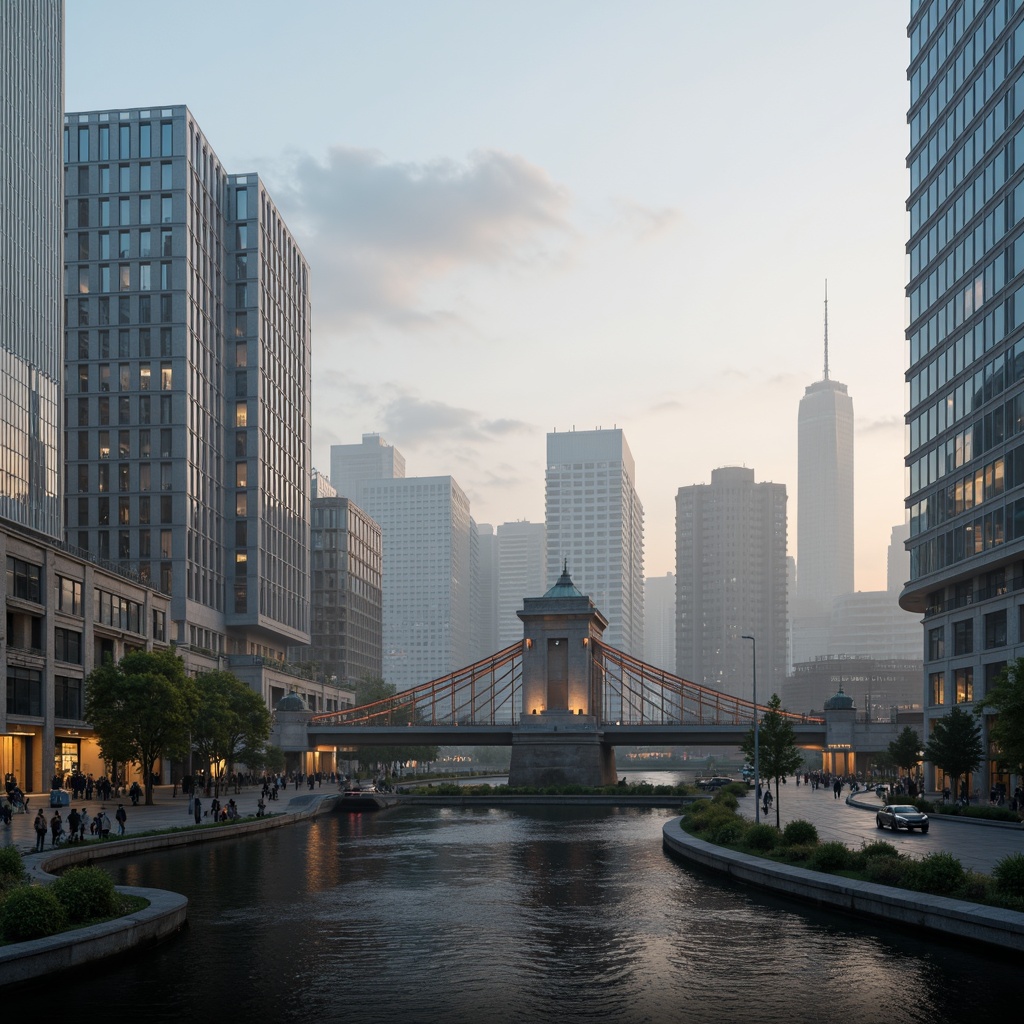 Prompt: Sleek bridge facades, high-tech architecture, metallic materials, LED lighting systems, futuristic curves, angular lines, reflective glass surfaces, cantilevered structures, urban cityscape, misty morning atmosphere, soft warm lighting, shallow depth of field, 1/1 composition, panoramic view, realistic textures, ambient occlusion.