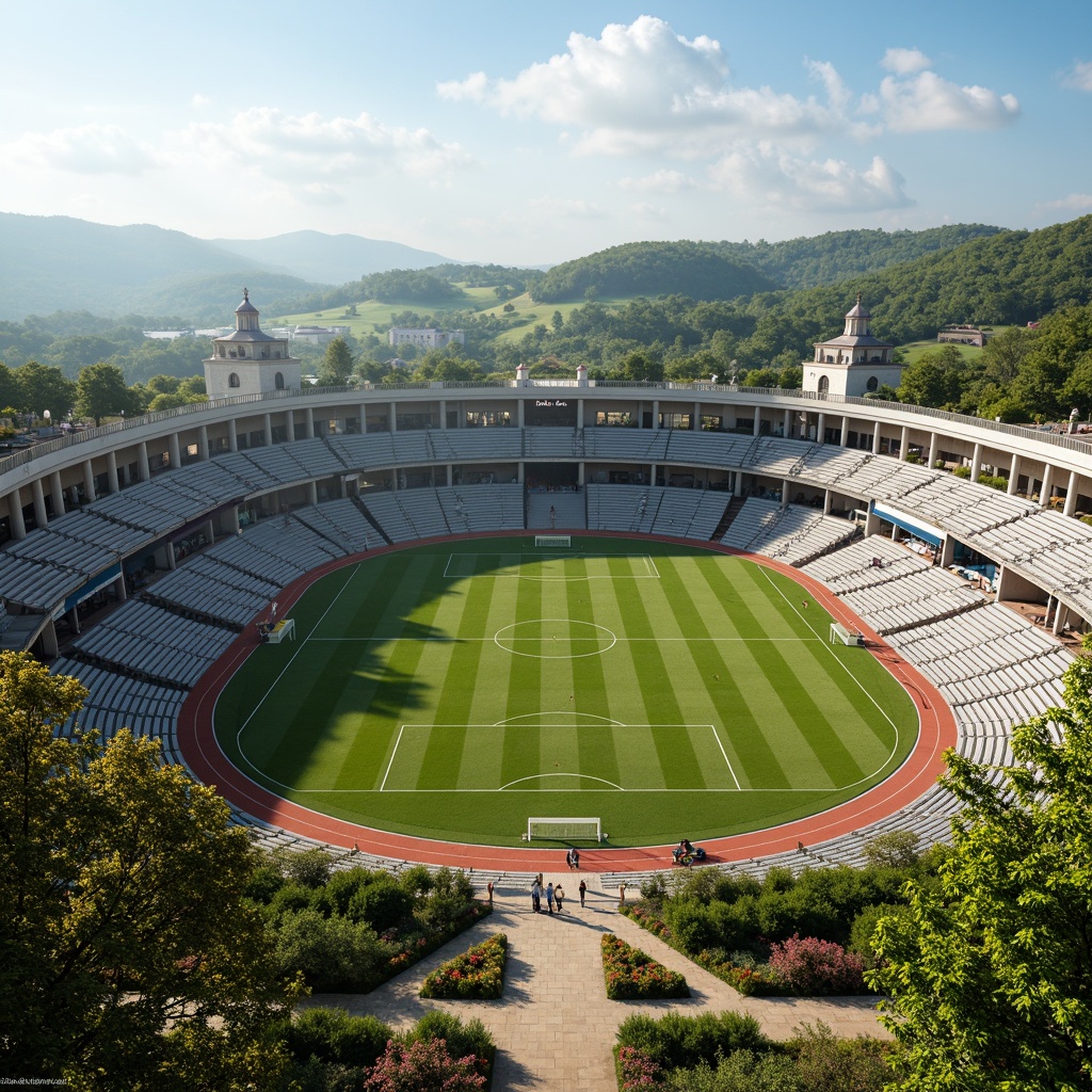 Prompt: Grand neoclassical soccer stadium, symmetrical fa\u00e7ade, ornate columns, arches, domed roof, lush greenery, vibrant flowers, rolling hills, natural stone walls, manicured lawns, walking paths, scenic overlooks, tranquil atmosphere, warm sunny day, soft diffused lighting, shallow depth of field, 3/4 composition, panoramic view, realistic textures, ambient occlusion, tiered seating, athletic track, soccer field, goalposts, scoreboard, stadium lights, grand entrance gates.