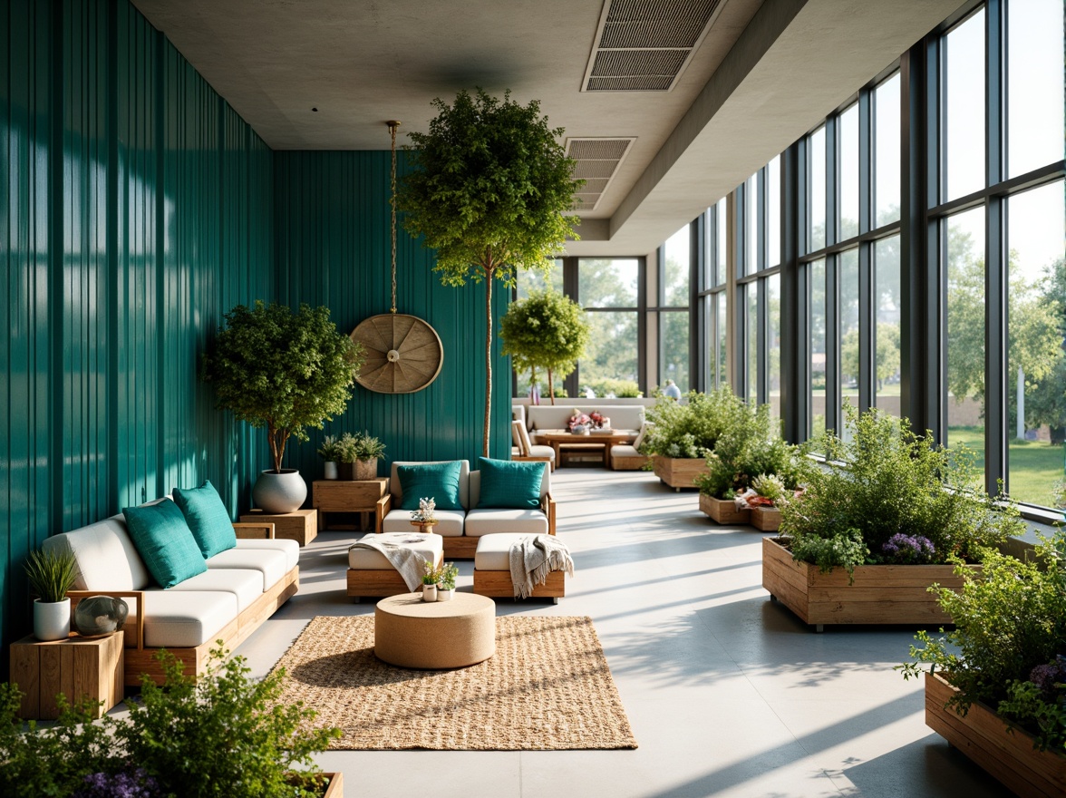 Prompt: Vibrant teal accents, refreshing atmosphere, invigorating spaces, modern minimalist decor, sleek metal frames, glass partitions, polished concrete floors, natural textiles, woven fibers, organic shapes, calming ambiance, soft warm lighting, shallow depth of field, 1/1 composition, realistic reflections, ambient occlusion, lush greenery, potted plants, blooming flowers, sunny day, outdoor connections, floor-to-ceiling windows, sliding glass doors.