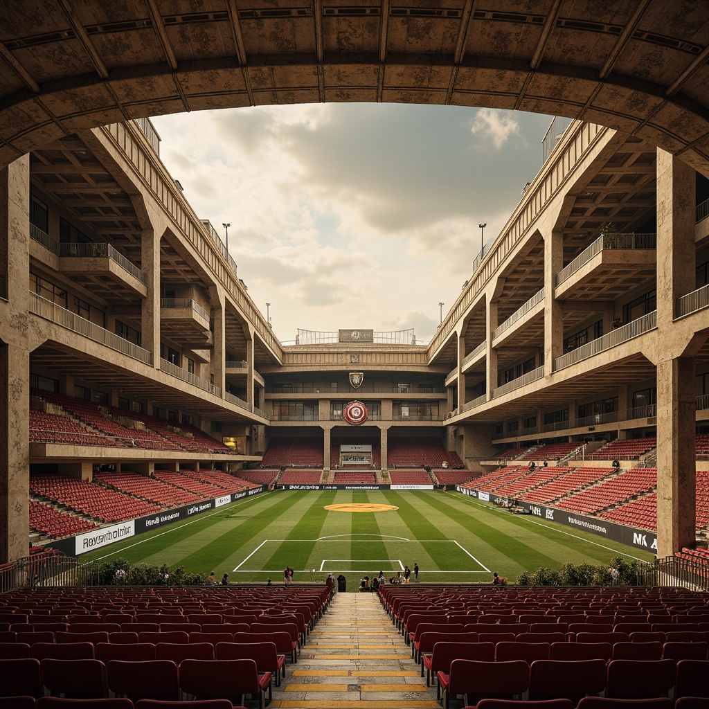 Prompt: Grandiose neoclassical soccer stadium, ornate stone fa\u00e7ade, majestic arches, imposing columns, regal balconies, luxurious VIP suites, plush velvet seats, polished wooden benches, intricate ironwork railings, vintage-inspired signage, nostalgic color scheme, warm golden lighting, shallow depth of field, 1/2 composition, symmetrical layout, realistic textures, ambient occlusion.