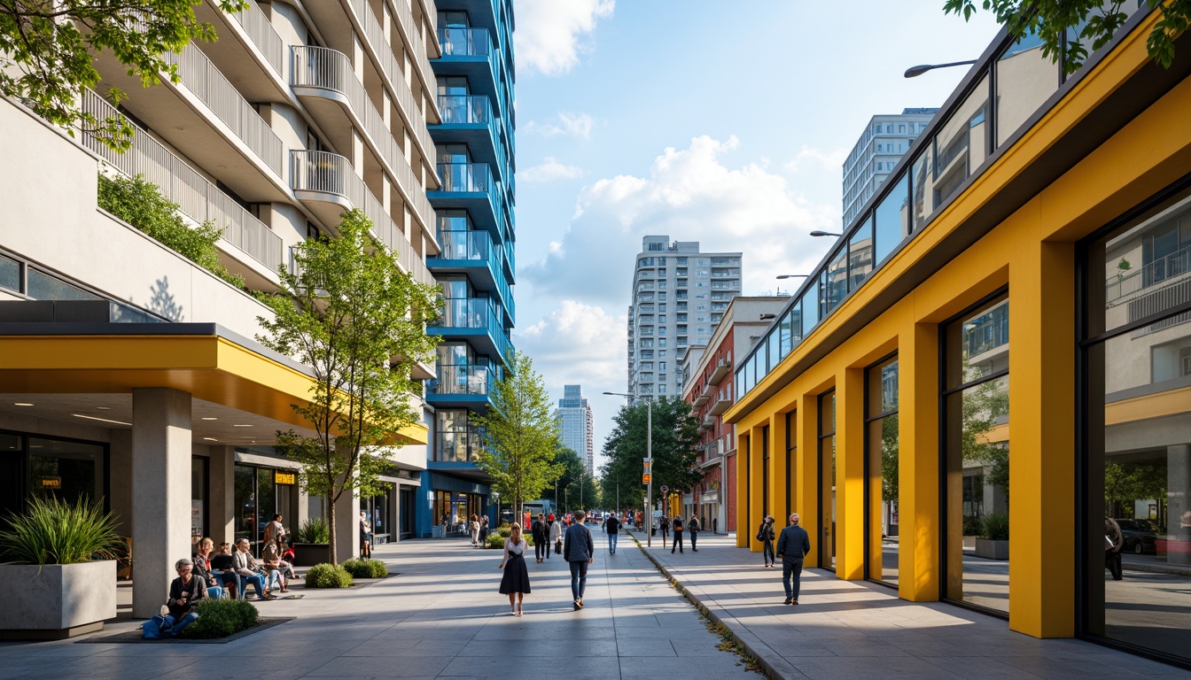 Prompt: Vibrant bus station, modern architecture, bold color scheme, bright yellow accents, deep blue tones, neutral beige walls, sleek metal frames, glass roofs, natural stone floors, urban cityscape, busy streets, morning sunlight, soft warm lighting, shallow depth of field, 3/4 composition, panoramic view, realistic textures, ambient occlusion.