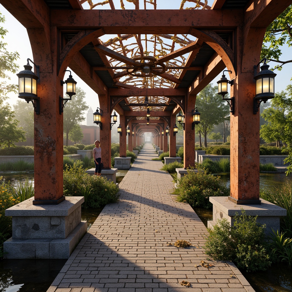 Prompt: Ornate pedestrian bridge, eclectic mix of materials, rusty metal beams, wooden planks, stone pillars, intricate ironwork, curved arches, ornamental lanterns, vibrant color scheme, bold geometric patterns, asymmetrical design, dynamic shapes, playful lighting fixtures, warm golden lighting, misty atmosphere, serene water reflections, lush greenery surroundings, natural stone walkways, 3/4 composition, shallow depth of field, realistic textures, ambient occlusion.