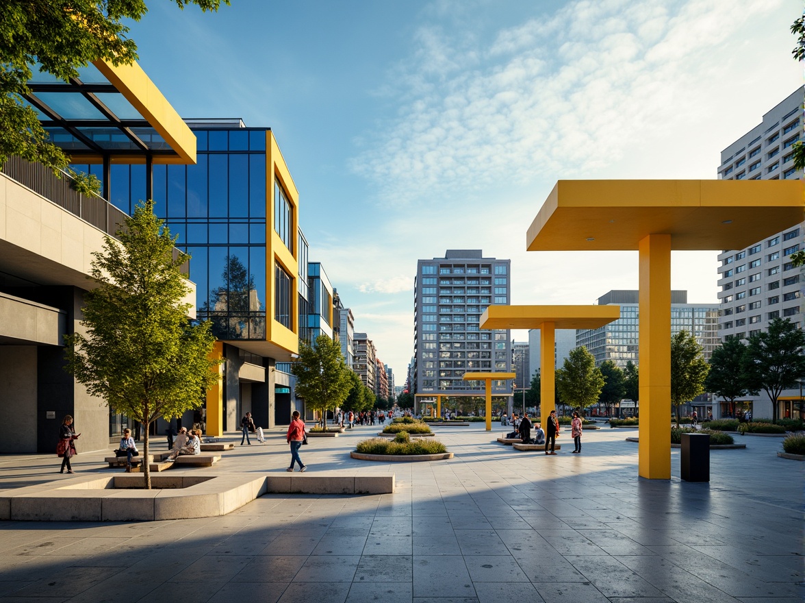 Prompt: Vibrant bus station, modern architecture, bold color scheme, bright yellow accents, deep blue tones, neutral beige walls, sleek metal frames, glass roofs, natural stone floors, urban cityscape, busy streets, morning sunlight, soft warm lighting, shallow depth of field, 3/4 composition, panoramic view, realistic textures, ambient occlusion.