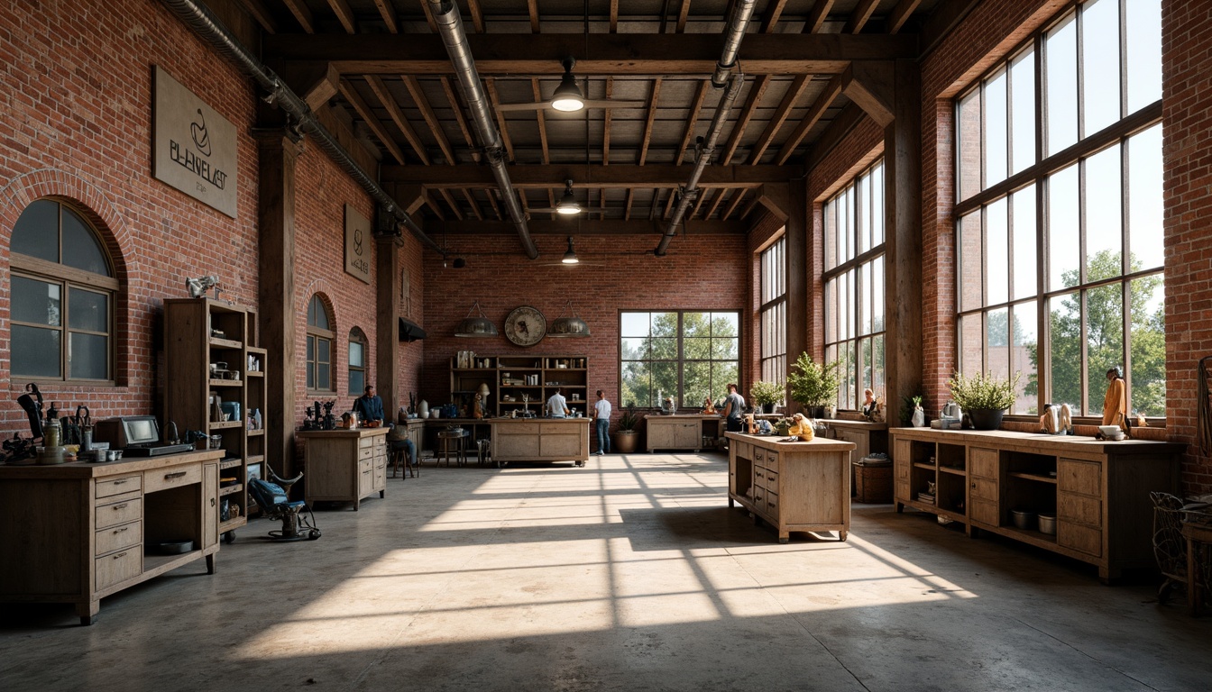 Prompt: Industrial workshop interior, exposed brick walls, metal beams, wooden workbenches, toolboxes, machinery equipment, steel shelving units, concrete floors, large windows, natural light, urban atmosphere, gritty textures, realistic rust effects, shallow depth of field, 1/2 composition, warm color palette, softbox lighting, ambient occlusion.