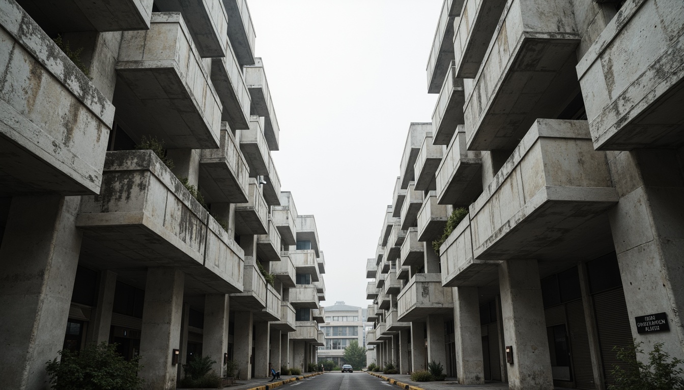 Prompt: Exposed concrete structures, rugged textures, fortress-like buildings, monumental scale, dramatic cantilevers, raw unfinished surfaces, bold geometric forms, chunky columns, brutalist architecture, urban landscape, overcast sky, diffused natural light, high contrast shadows, 1/2 composition, symmetrical framing, gritty realistic renderings, ambient occlusion.