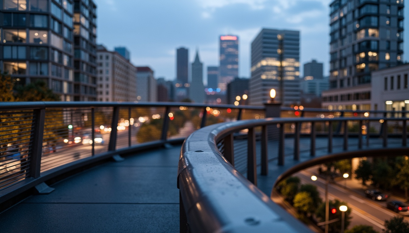 Prompt: Curved pedestrian bridge, sleek metal railings, minimalist design, modern urban landscape, city skyline views, vibrant streetlights, evening ambiance, soft warm glow, shallow depth of field, 3/4 composition, panoramic view, realistic textures, ambient occlusion, dynamic shapes, geometric forms, structural elegance, functional simplicity, pedestrian-friendly infrastructure, accessible walkways, safety features, innovative materials, sustainable construction methods.