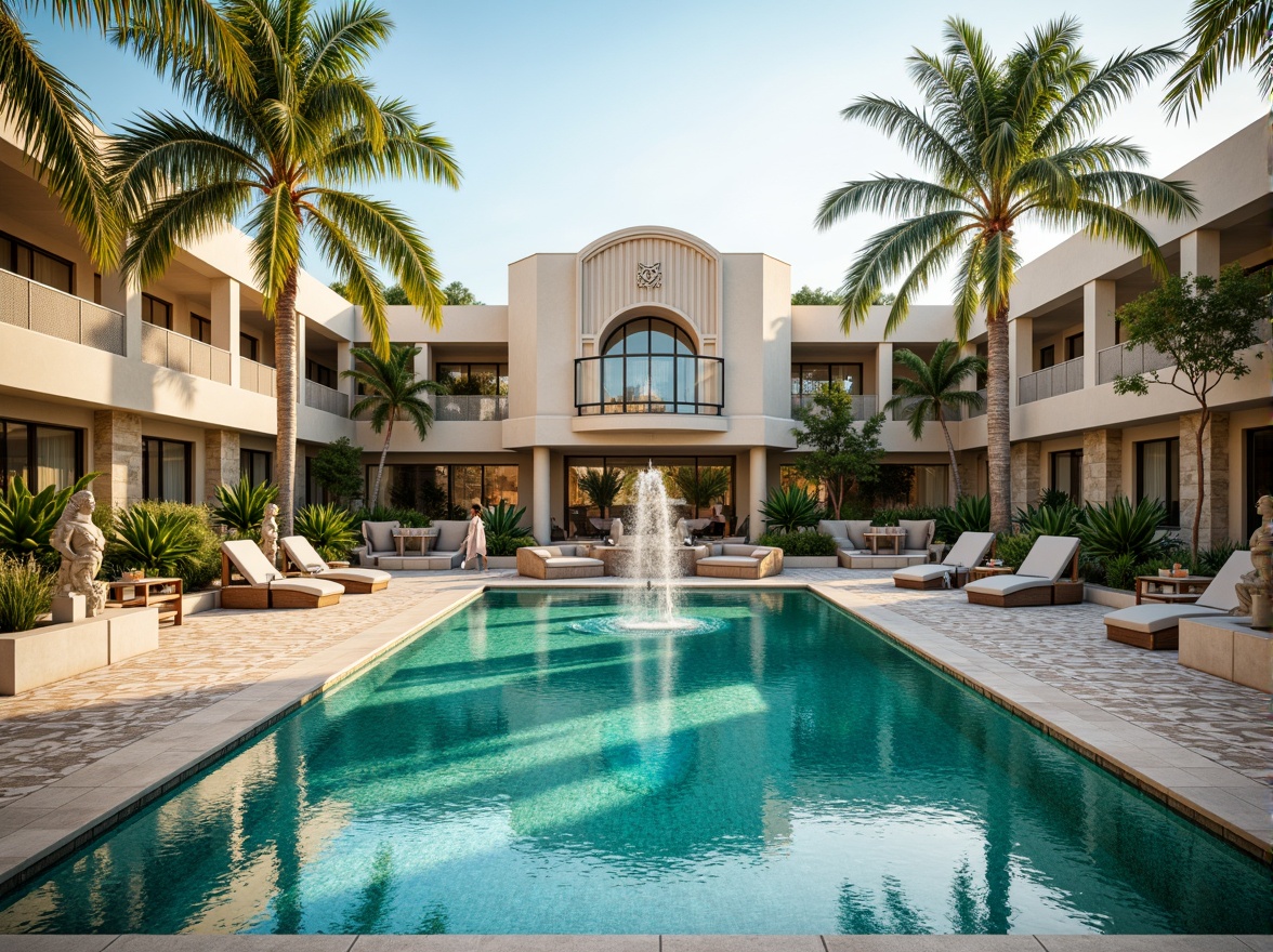 Prompt: Luxurious Art Deco swimming pool, turquoise water, ornate fountain, sculpted stone statues, mosaic tile flooring, geometric patterned coping, curved staircases, lavish cabanas, tropical palm trees, sunny day, warm golden lighting, shallow depth of field, 1/1 composition, symmetrical reflection, realistic water ripples, ambient occlusion.