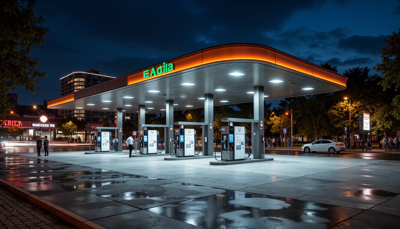 Prompt: Modern gas station, sleek metal canopy, LED lighting, polished concrete floors, stainless steel fuel pumps, glass and aluminum fa\u00e7ade, industrial-style signage, urban landscape, busy streets, vibrant city lights, dramatic nighttime illumination, high-contrast shadows, 1/1 composition, shallow depth of field, realistic reflections, ambient occlusion.