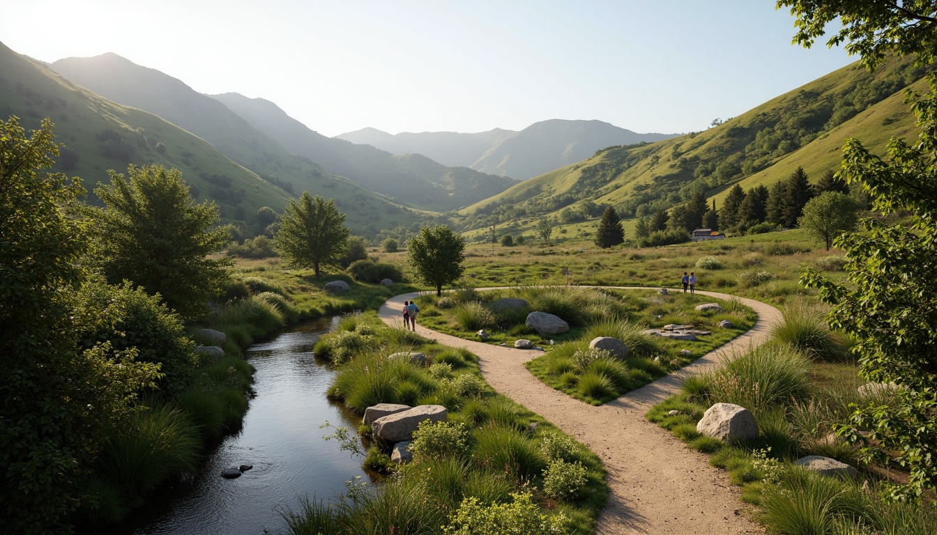 Prompt: Serene natural scenery, rolling hills, lush greenery, meandering water features, walking trails, wooden bridges, rustic benches, native plant species, organic shapes, earthy tones, blended boundaries, seamless transitions, soft warm lighting, atmospheric perspective, 1/2 composition, intimate scale, realistic textures, ambient occlusion.