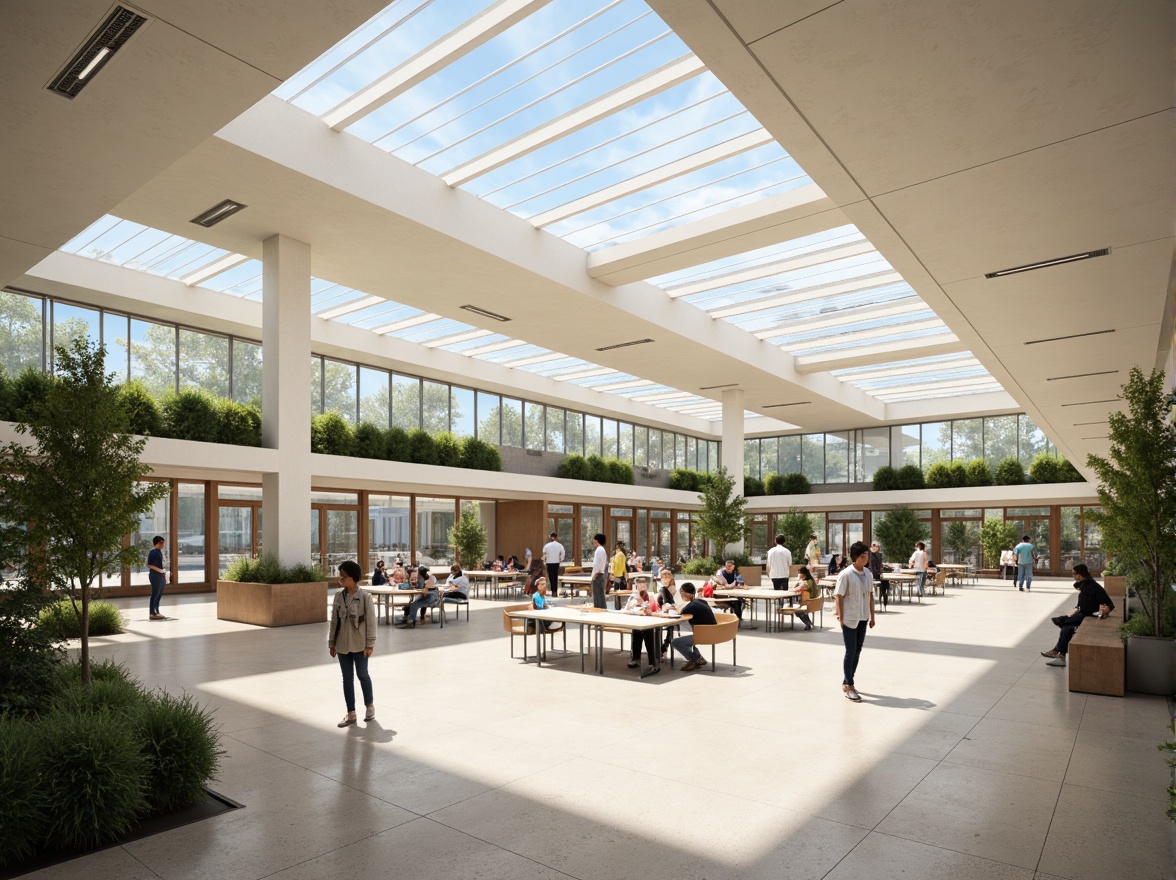 Prompt: Spacious classrooms, large windows, clerestory roofs, skylights, transparent corridors, open floor plans, minimal obstructions, reflective surfaces, light-colored walls, polished floors, green roofs, solar tubes, tubular daylighting devices, soft warm lighting, shallow depth of field, 3/4 composition, panoramic view, realistic textures, ambient occlusion.