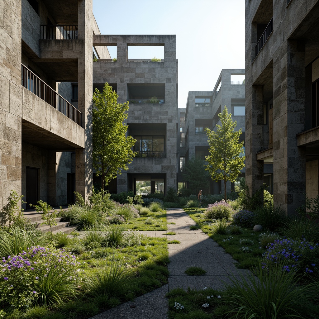 Prompt: Rugged brutalist buildings, raw concrete textures, fortress-like structures, overgrown vegetation, wildflowers, moss-covered walls, weathered steel beams, industrial materials, urban decay, abandoned landscapes, neglected spaces, reclaimed nature, harsh natural lighting, dramatic shadows, cinematic composition, low-angle shots, gritty realistic renderings.