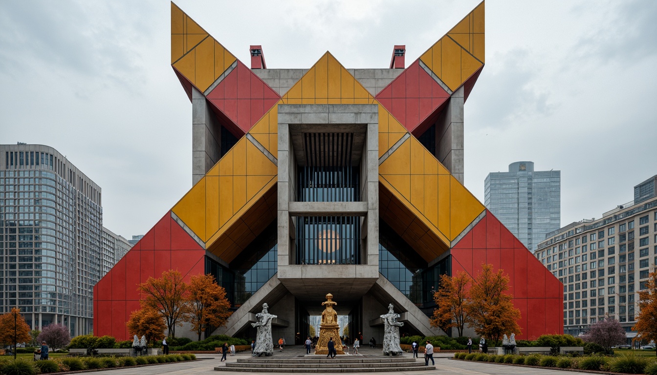 Prompt: Monumental constructivist building, geometric shapes, intersecting planes, bold colors, industrial materials, exposed pipes, metallic structures, abstract sculptures, urban cityscape, overcast sky, dramatic shadows, high-contrast lighting, 1/1 composition, symmetrical framing, futuristic atmosphere, brutalist textures, ambient occlusion.