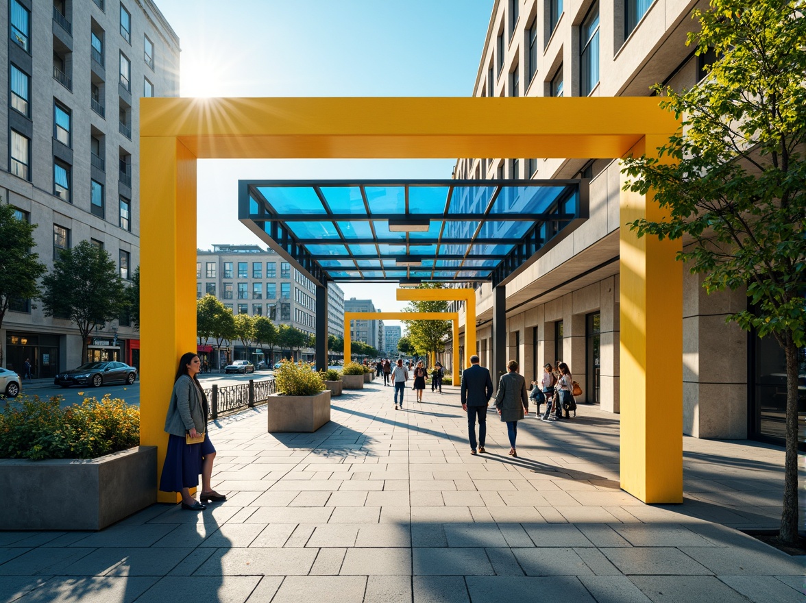 Prompt: Vibrant bus station, modern architecture, bold color scheme, bright yellow accents, deep blue tones, neutral beige walls, sleek metal frames, glass roofs, natural stone floors, urban cityscape, busy streets, morning sunlight, soft warm lighting, shallow depth of field, 3/4 composition, panoramic view, realistic textures, ambient occlusion.