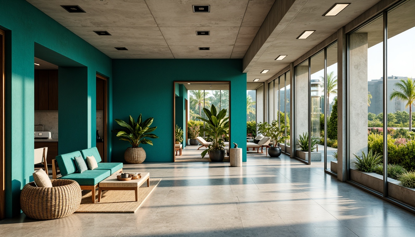 Prompt: Vibrant teal accents, refreshing atmosphere, invigorating spaces, modern minimalist decor, sleek metal frames, glass partitions, polished concrete floors, natural textiles, woven fibers, organic shapes, calming ambiance, soft warm lighting, shallow depth of field, 1/1 composition, realistic reflections, ambient occlusion, lush greenery, potted plants, blooming flowers, sunny day, outdoor connections, floor-to-ceiling windows, sliding glass doors.