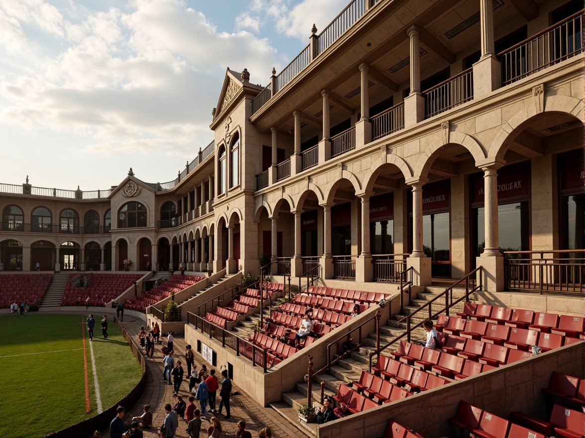 Prompt: Grandiose neoclassical soccer stadium, ornate stone fa\u00e7ade, majestic arches, imposing columns, regal balconies, luxurious VIP suites, plush velvet seats, polished wooden benches, intricate ironwork railings, vintage-inspired signage, nostalgic color scheme, warm golden lighting, shallow depth of field, 1/2 composition, symmetrical layout, realistic textures, ambient occlusion.