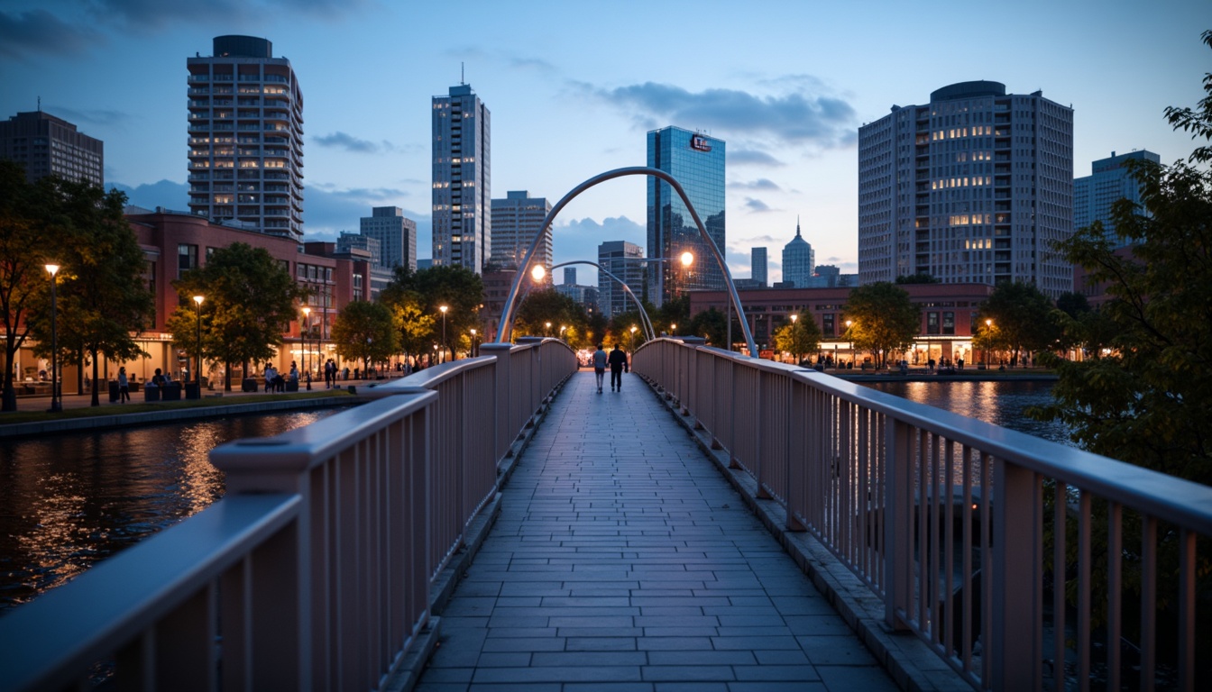 Prompt: Curved pedestrian bridge, sleek metal railings, minimalist design, modern urban landscape, city skyline views, vibrant streetlights, evening ambiance, soft warm glow, shallow depth of field, 3/4 composition, panoramic view, realistic textures, ambient occlusion, dynamic shapes, geometric forms, structural elegance, functional simplicity, pedestrian-friendly infrastructure, accessible walkways, safety features, innovative materials, sustainable construction methods.