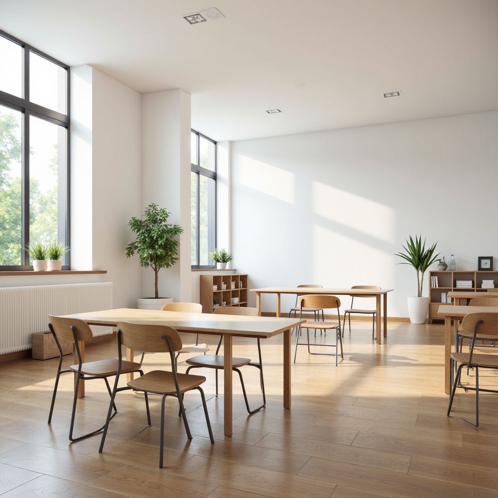 Prompt: Simple classroom layout, minimal ornamentation, natural wood flooring, plain white walls, large windows, abundant daylight, modern minimalist furniture, sleek metal chairs, wooden desks, simple shelving units, subtle color scheme, calm atmosphere, soft diffused lighting, shallow depth of field, 1/1 composition, realistic textures, ambient occlusion.