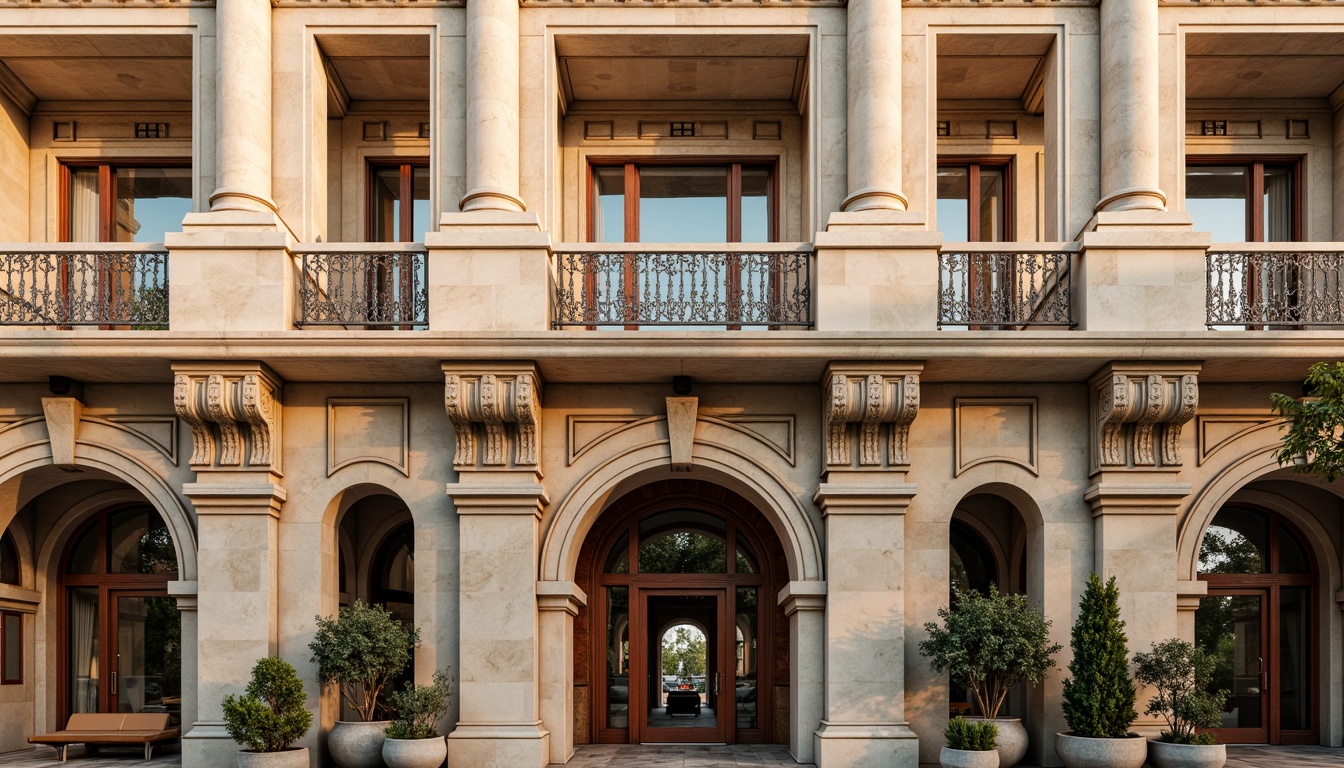 Prompt: Grandiose building facade, ornate stone carvings, classical columns, symmetrical composition, rusticated quoins, arched windows, balconies with intricate metalwork, ornamental cornices, decorative friezes, grand entranceways, imposing scale, warm beige stone, soft golden lighting, shallow depth of field, 1/1 composition, realistic textures, ambient occlusion.