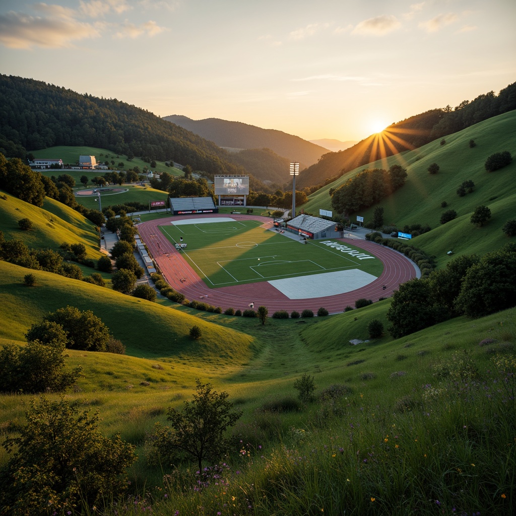 Prompt: Rolling hills, lush green grass, athletic tracks, soccer fields, basketball courts, tennis courts, baseball diamonds, vibrant stadium lights, evening sunset, warm golden lighting, shallow depth of field, 3/4 composition, panoramic view, realistic textures, ambient occlusion, modern sports facilities, sleek metal bleachers, minimalist design, sustainable drainage systems, rainwater harvesting, eco-friendly turf, innovative irrigation technologies, shaded spectator areas, misting systems, dynamic scoreboard displays.