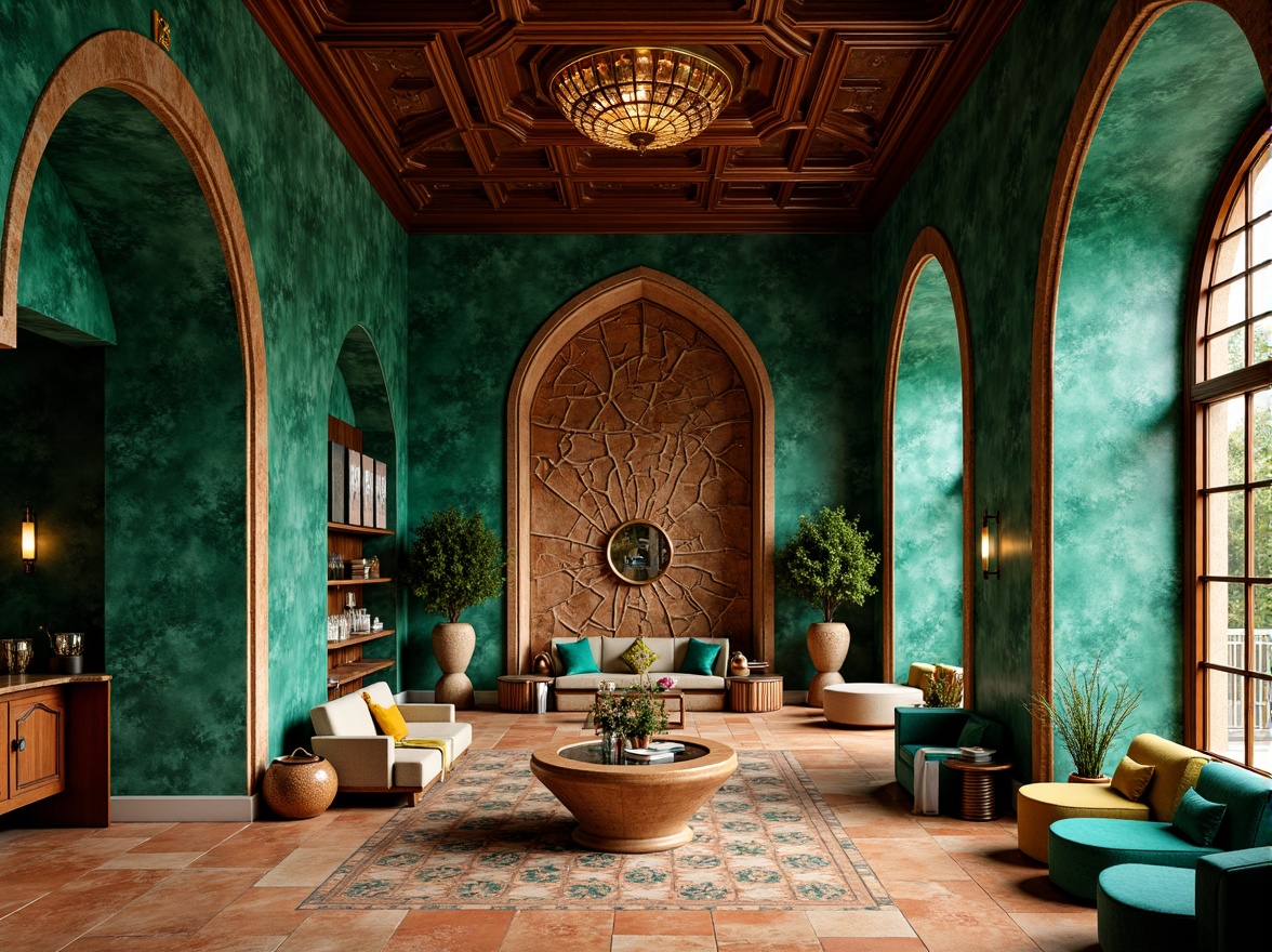 Prompt: Rich malachite green walls, ornate copper accents, earthy terracotta floors, natural stone textures, intricate geometric patterns, Moroccan-inspired arches, vibrant turquoise highlights, luxurious velvet fabrics, warm golden lighting, shallow depth of field, 1/1 composition, realistic reflections, ambient occlusion, modern eclectic architecture, boutique hotel lobby, upscale residential interior, exotic Middle Eastern influences.