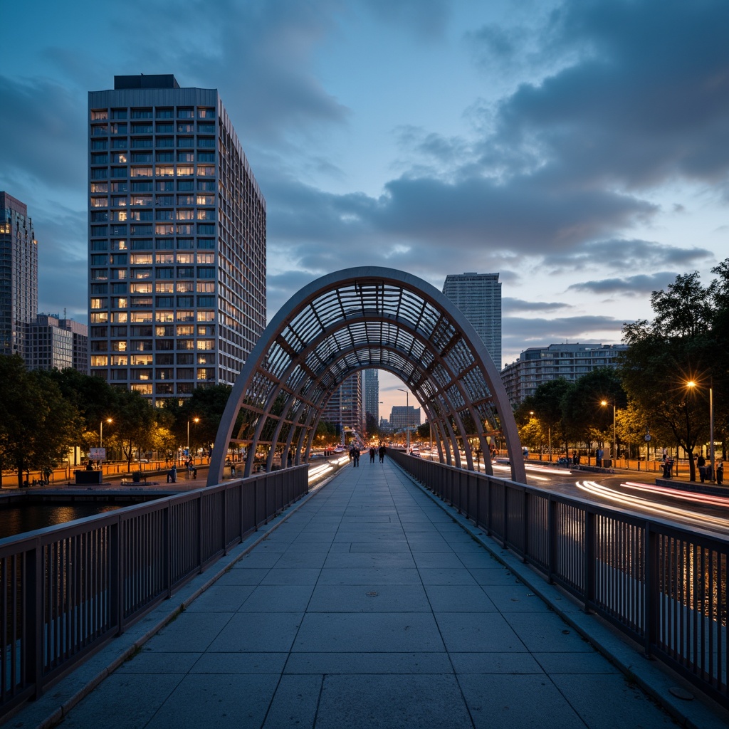 Prompt: Curved pedestrian bridge, sleek metal railings, minimalist design, modern urban landscape, city skyline views, vibrant streetlights, evening ambiance, soft warm glow, shallow depth of field, 3/4 composition, panoramic view, realistic textures, ambient occlusion, dynamic shapes, geometric forms, structural elegance, functional simplicity, pedestrian-friendly infrastructure, accessible walkways, safety features, innovative materials, sustainable construction methods.