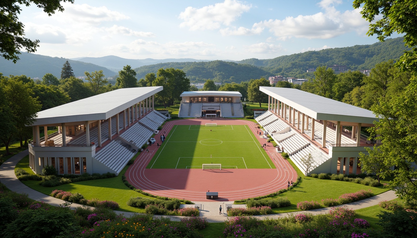 Prompt: Grand neoclassical soccer stadium, symmetrical fa\u00e7ade, ornate columns, arches, domed roof, lush greenery, vibrant flowers, rolling hills, natural stone walls, manicured lawns, walking paths, scenic overlooks, tranquil atmosphere, warm sunny day, soft diffused lighting, shallow depth of field, 3/4 composition, panoramic view, realistic textures, ambient occlusion, tiered seating, athletic track, soccer field, goalposts, scoreboard, stadium lights, grand entrance gates.