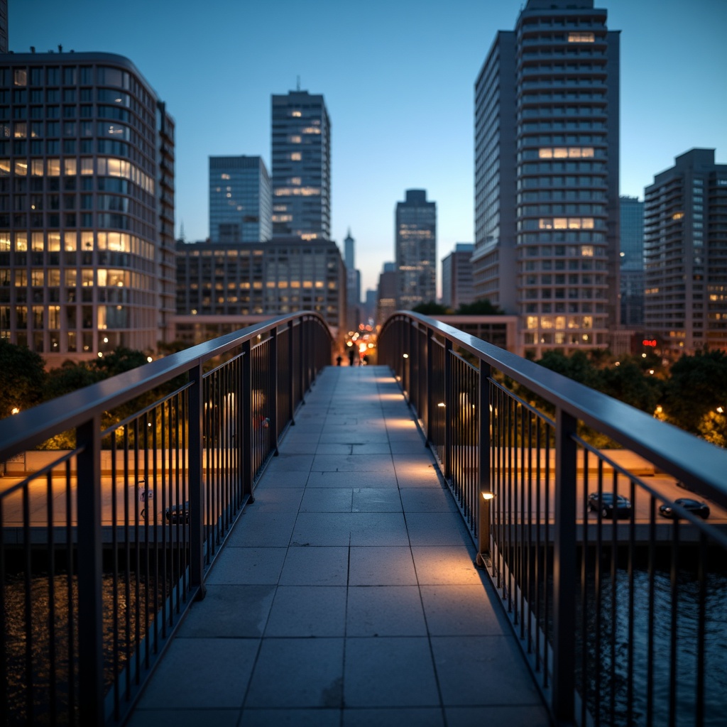 Prompt: Curved pedestrian bridge, sleek metal railings, minimalist design, modern urban landscape, city skyline views, vibrant streetlights, evening ambiance, soft warm glow, shallow depth of field, 3/4 composition, panoramic view, realistic textures, ambient occlusion, dynamic shapes, geometric forms, structural elegance, functional simplicity, pedestrian-friendly infrastructure, accessible walkways, safety features, innovative materials, sustainable construction methods.