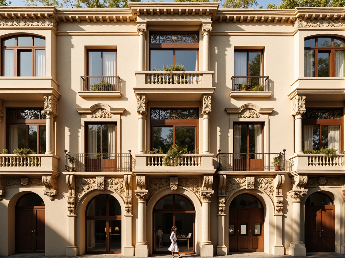 Prompt: Grandiose building facade, ornate stone carvings, classical columns, symmetrical composition, rusticated quoins, arched windows, balconies with intricate metalwork, ornamental cornices, decorative friezes, grand entranceways, imposing scale, warm beige stone, soft golden lighting, shallow depth of field, 1/1 composition, realistic textures, ambient occlusion.