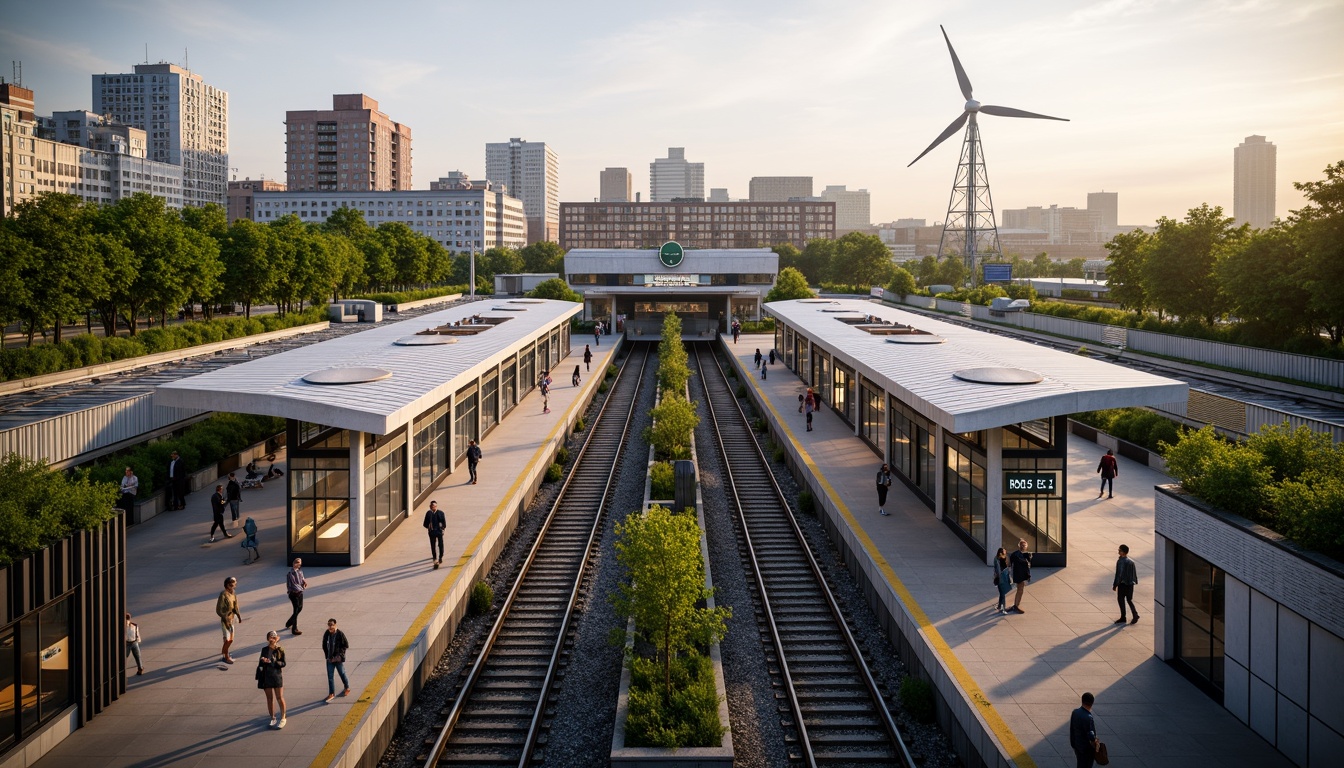 Prompt: Modern metro station, eco-friendly design, green roofs, solar panels, wind turbines, energy-efficient lighting, recycled materials, natural ventilation systems, spacious platforms, minimalist architecture, sleek metal structures, glass facades, vibrant urban art, bustling city atmosphere, morning rush hour, soft warm lighting, shallow depth of field, 3/4 composition, panoramic view, realistic textures, ambient occlusion.