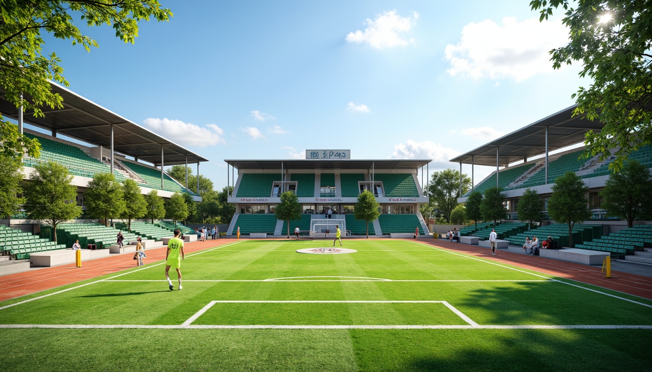 Prompt: Vibrant green grass, athletic tracks, bold white lines, bright yellow goalposts, sturdy metal fences, natural earthy tones, sunny day, clear blue sky, dynamic shadows, realistic textures, ambient occlusion, 3/4 composition, panoramic view, modern sports architecture, sleek stadium design, innovative lighting systems.