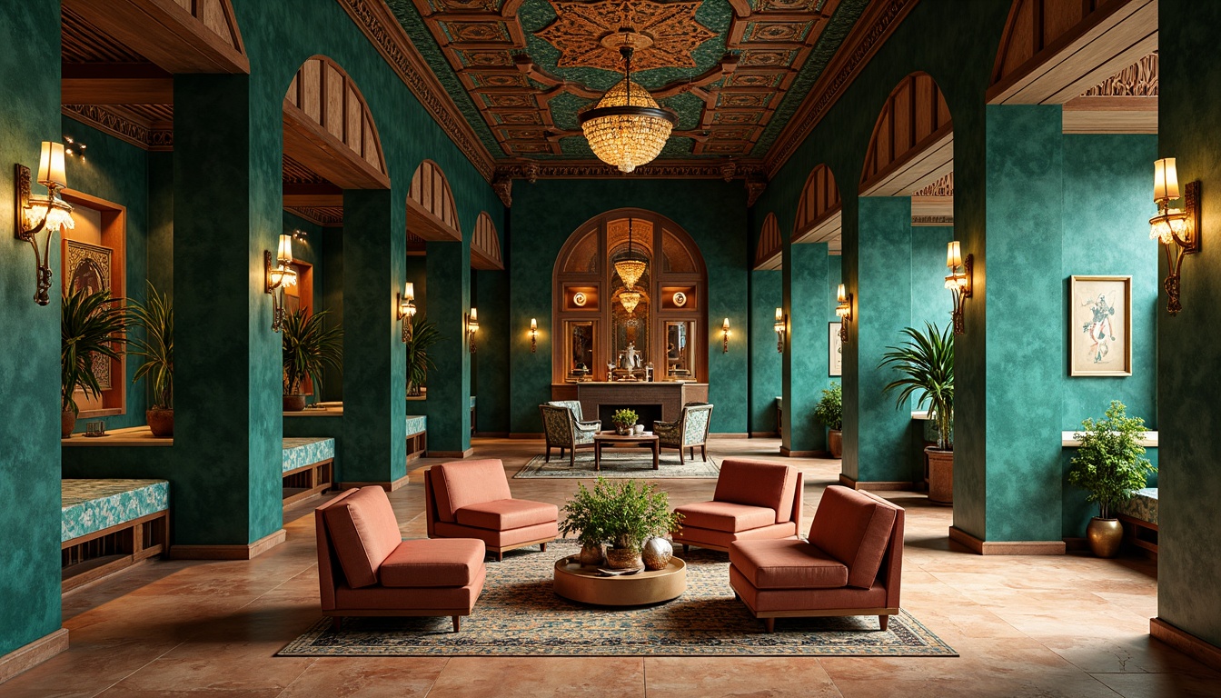 Prompt: Rich malachite green walls, ornate copper accents, earthy terracotta floors, natural stone textures, intricate geometric patterns, Moroccan-inspired arches, vibrant turquoise highlights, luxurious velvet fabrics, warm golden lighting, shallow depth of field, 1/1 composition, realistic reflections, ambient occlusion, modern eclectic architecture, boutique hotel lobby, upscale residential interior, exotic Middle Eastern influences.