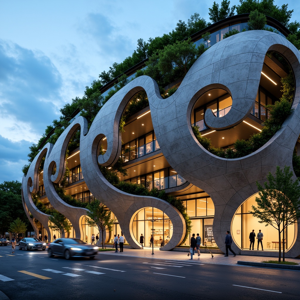 Prompt: Curved stadium facade, organic shapes, natural stone cladding, green roofs, lush vegetation, cantilevered structures, undulating lines, dynamic forms, futuristic architecture, sleek metal accents, transparent glass surfaces, vibrant LED lighting, evening ambiance, shallow depth of field, 1/1 composition, panoramic view, realistic textures, ambient occlusion.