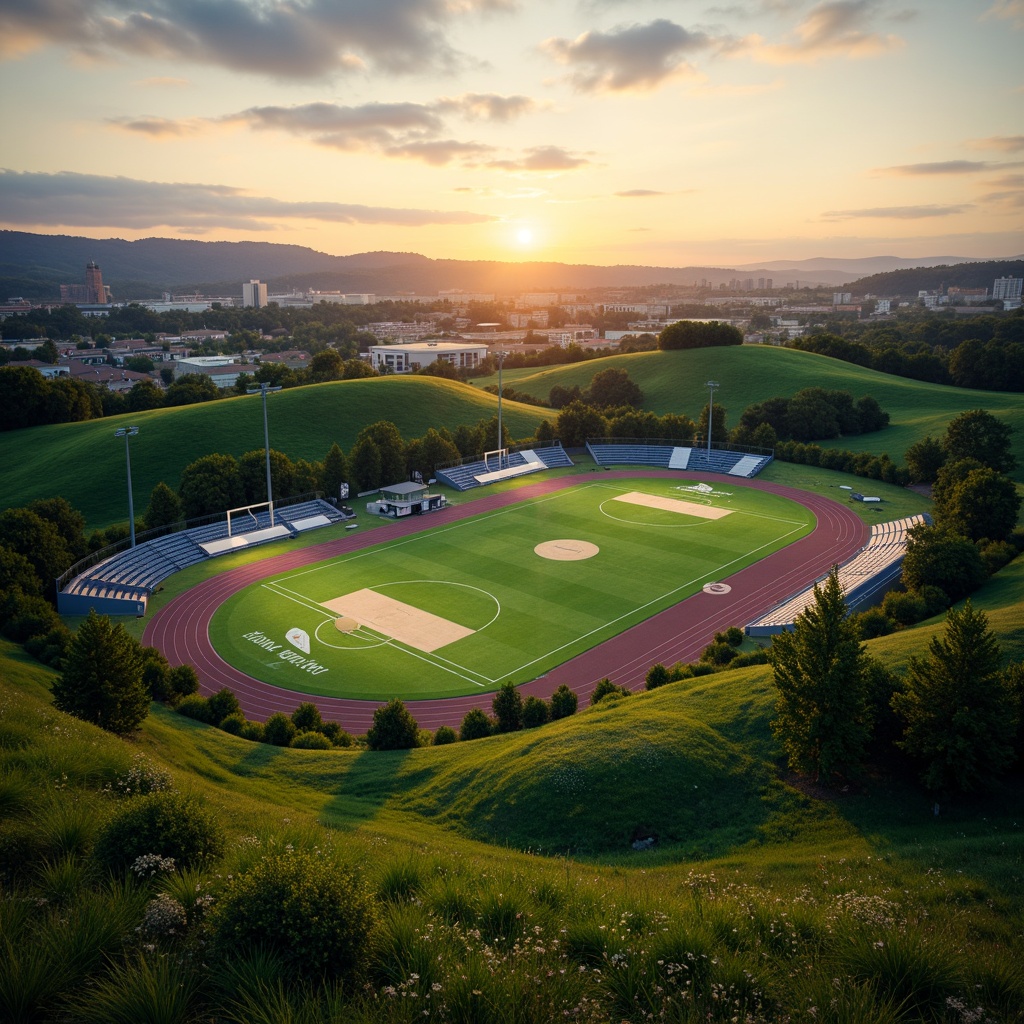 Prompt: Rolling hills, lush green grass, athletic tracks, soccer fields, basketball courts, tennis courts, baseball diamonds, vibrant stadium lights, evening sunset, warm golden lighting, shallow depth of field, 3/4 composition, panoramic view, realistic textures, ambient occlusion, modern sports facilities, sleek metal bleachers, minimalist design, sustainable drainage systems, rainwater harvesting, eco-friendly turf, innovative irrigation technologies, shaded spectator areas, misting systems, dynamic scoreboard displays.