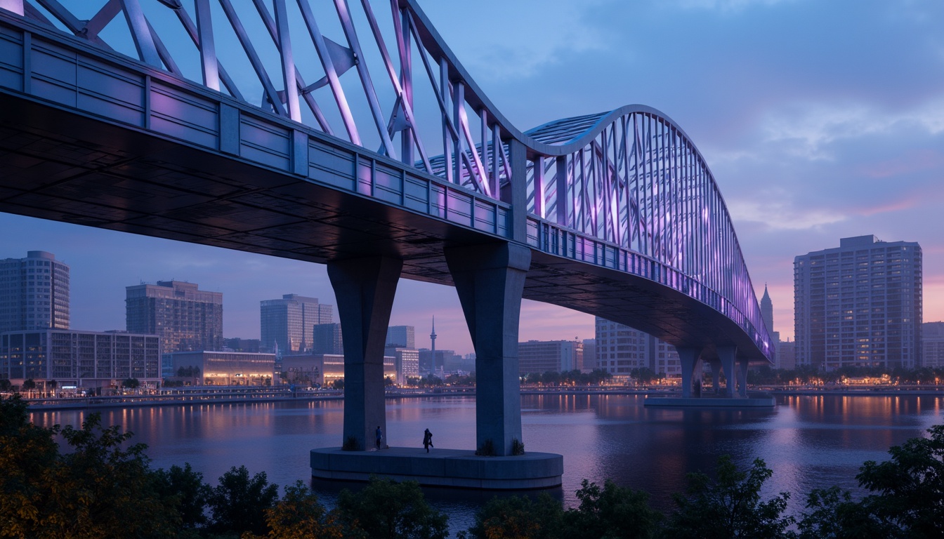 Prompt: Futuristic bridge architecture, sleek metal structures, neon-lit accents, vibrant LED lights, dark blues and purples, metallic silvers and chromes, high-gloss finishes, geometric patterns, angular lines, minimalist design, modern urban landscape, cityscape at dusk, misty atmosphere, soft warm lighting, shallow depth of field, 3/4 composition, panoramic view, realistic textures, ambient occlusion.