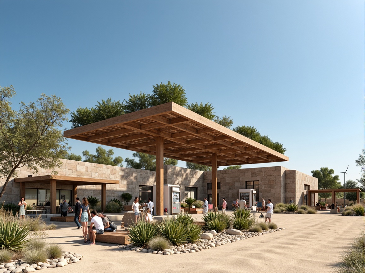 Prompt: Rustic gas station, natural stone walls, green roofs, solar panels, wind turbines, eco-friendly materials, modern minimalist architecture, angular lines, sleek metal canopies, shaded outdoor spaces, misting systems, desert landscape, sandy dunes, cactus plants, hot sunny day, clear blue sky, vast open space, integrated landscaping, native plant species, drought-resistant vegetation, efficient irrigation systems, scenic views, panoramic vistas, shallow depth of field, 3/4 composition, realistic textures, ambient occlusion.