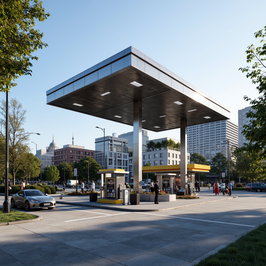 Prompt: Modern gas station, sleek metal canopy, bright LED lighting, fuel pumps with digital displays, concrete flooring, stainless steel accents, minimalist design, efficient traffic flow, ample parking spaces, convenient store entrance, large windows, natural ventilation, energy-efficient systems, solar panels, green roofs, eco-friendly materials, innovative waste management systems, urban landscape, busy streets, morning sunlight, shallow depth of field, 3/4 composition, realistic textures, ambient occlusion.