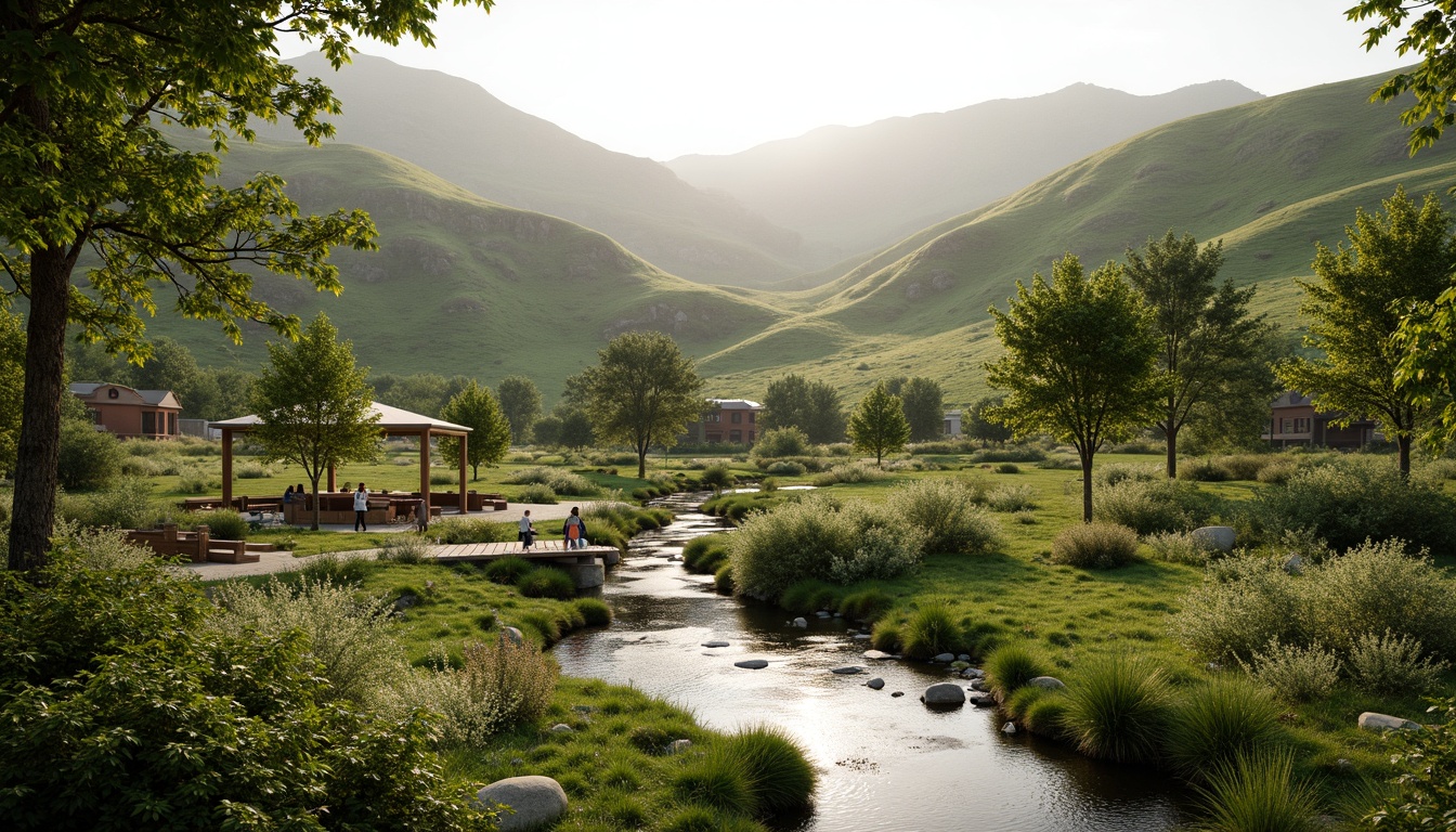 Prompt: Serene natural scenery, rolling hills, lush greenery, meandering water features, walking trails, wooden bridges, rustic benches, native plant species, organic shapes, earthy tones, blended boundaries, seamless transitions, soft warm lighting, atmospheric perspective, 1/2 composition, intimate scale, realistic textures, ambient occlusion.