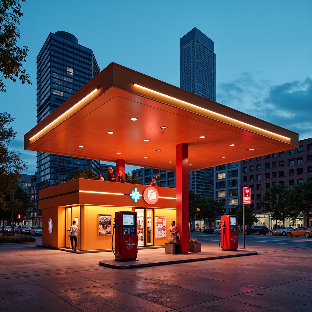 Prompt: Retro-futuristic gas station, bold primary colors, bright red pumps, sleek chrome accents, geometric shapes, angular lines, minimalist signage, neon lights, urban cityscape, busy streets, concrete roads, modernist architecture, brutalist design, industrial materials, metallic textures, high-contrast lighting, dramatic shadows, 1/1 composition, symmetrical framing, vibrant color grading, stylized reflections.