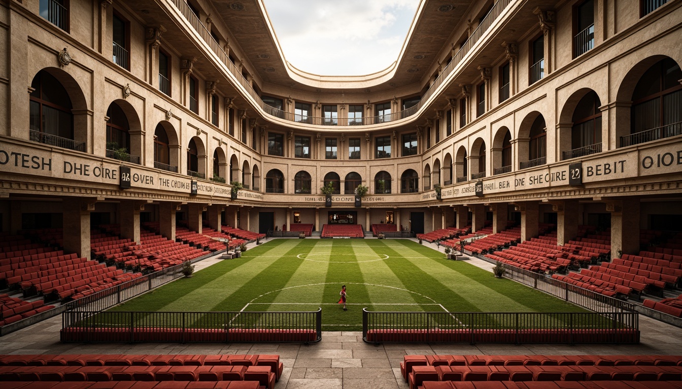 Prompt: Grandiose neoclassical soccer stadium, ornate stone fa\u00e7ade, majestic arches, imposing columns, regal balconies, luxurious VIP suites, plush velvet seats, polished wooden benches, intricate ironwork railings, vintage-inspired signage, nostalgic color scheme, warm golden lighting, shallow depth of field, 1/2 composition, symmetrical layout, realistic textures, ambient occlusion.