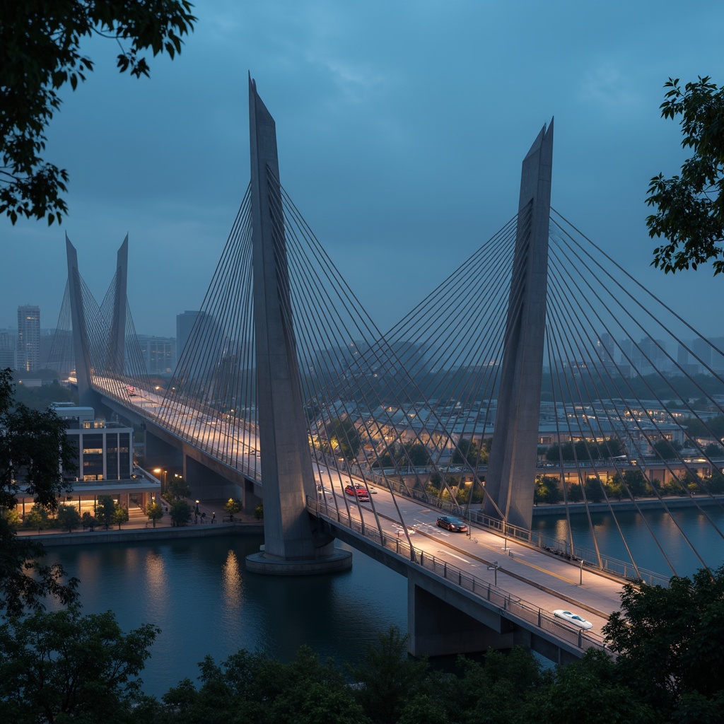 Prompt: Futuristic bridge architecture, sleek metal beams, suspension cables, angular piers, modern high-tech style, LED lighting systems, neon-lit nighttime scenes, urban cityscape, misty atmospheric effects, shallow depth of field, 3/4 composition, panoramic view, realistic metallic textures, ambient occlusion, reinforced concrete foundations, cantilevered sections, asymmetrical design, dynamic shapes, innovative materials, advanced engineering solutions, safety railings, pedestrian walkways, vehicle traffic lanes.