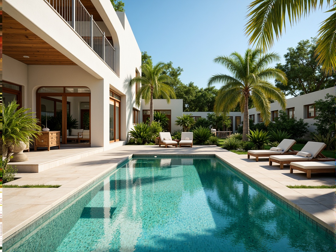 Prompt: Luxurious backyard oasis, Art Deco swimming pool, turquoise water, ornate tilework, geometric patterns, metallic accents, sun-kissed deck, comfortable lounge chairs, vibrant tropical plants, palm trees, warm sunny day, soft natural lighting, shallow depth of field, 1/1 composition, symmetrical architecture, elegant curves, luxurious outdoor furniture, ambient occlusion.