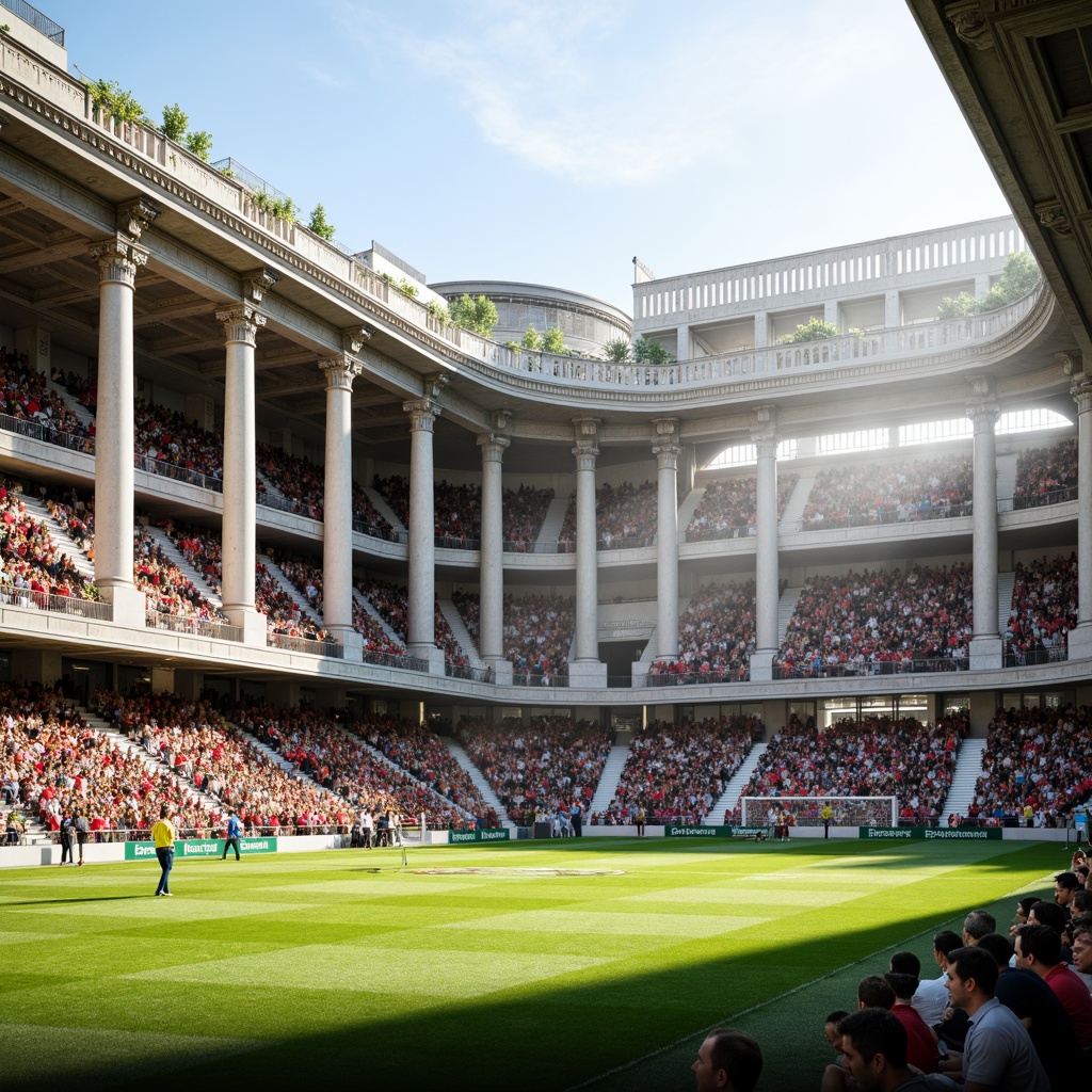 Prompt: Grandiose soccer stadium, neoclassical fa\u00e7ade, ornate columns, architraves, pediments, grand entrance, sweeping staircases, elegant balconies, rusticated stone walls, symmetrical composition, classical proportions, monumental scale, natural stone flooring, polished marble surfaces, intricate moldings, decorative friezes, athletic track, lush green grass, vibrant team colors, sunny day, soft warm lighting, shallow depth of field, 3/4 composition, panoramic view, realistic textures, ambient occlusion.