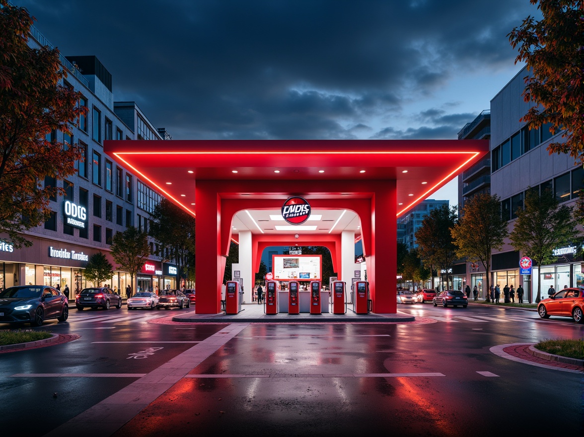 Prompt: Retro-futuristic gas station, bold primary colors, bright red pumps, sleek chrome accents, geometric shapes, angular lines, minimalist signage, neon lights, urban cityscape, busy streets, concrete roads, modernist architecture, brutalist design, industrial materials, metallic textures, high-contrast lighting, dramatic shadows, 1/1 composition, symmetrical framing, vibrant color grading, stylized reflections.