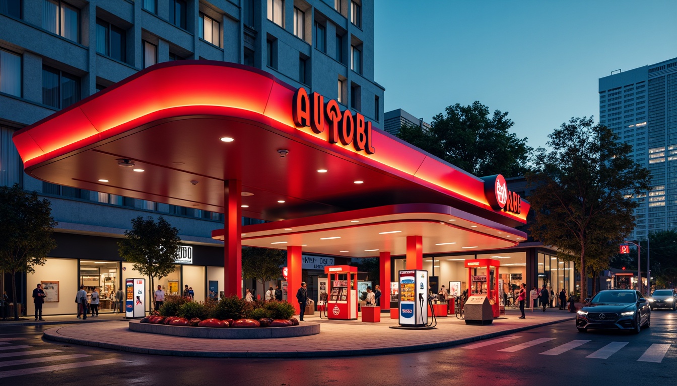 Prompt: Retro-futuristic gas station, bold primary colors, bright red pumps, sleek chrome accents, geometric shapes, angular lines, minimalist signage, neon lights, urban cityscape, busy streets, concrete roads, modernist architecture, brutalist design, industrial materials, metallic textures, high-contrast lighting, dramatic shadows, 1/1 composition, symmetrical framing, vibrant color grading, stylized reflections.